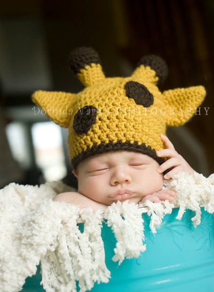 Crochet Giraffe Hat - Goldenrod and Coffee - Nb- Kids