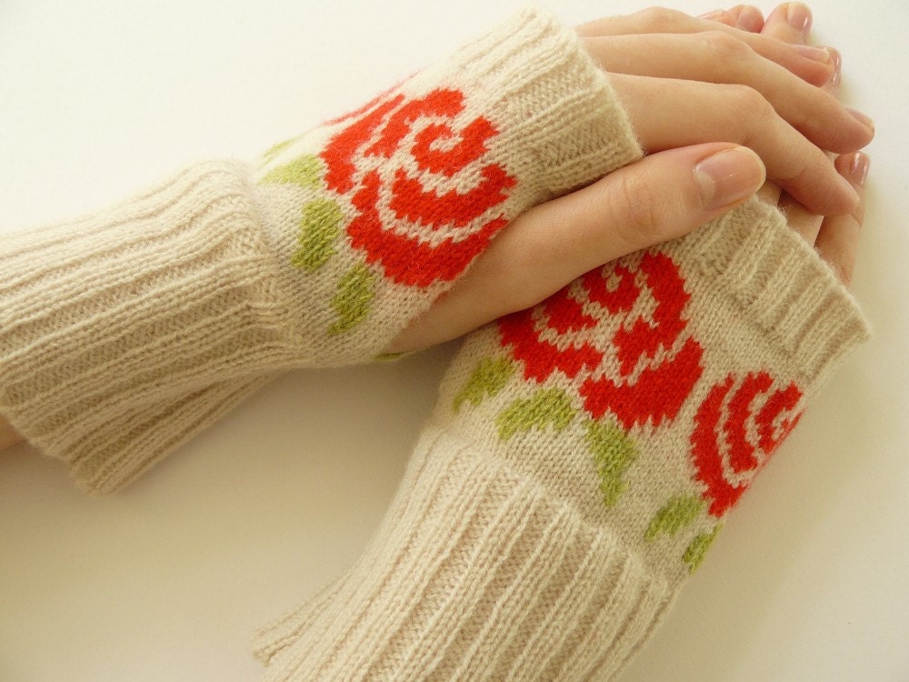 Short Wrist Warmers Fairisle Fingerless Gloves Red Rose in Putty and Tartan Scarlet Gift for Her - MADE TO ORDER