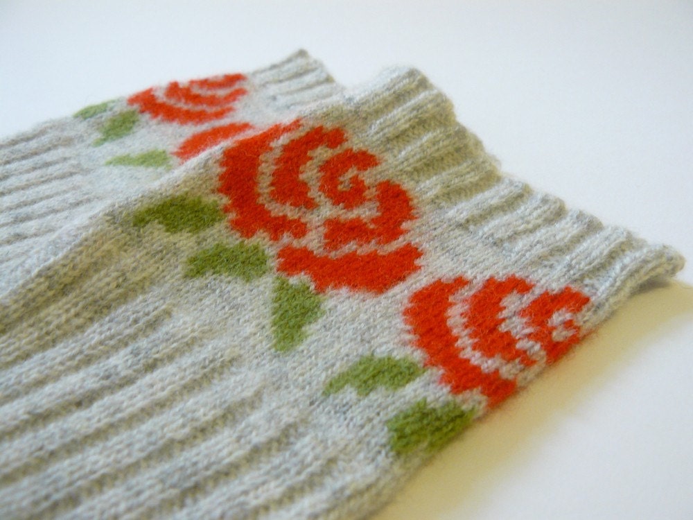 Long Fingerless Gloves, Fingerless Mittens, English Red Rose in Pearl Grey and Tartan Scarlet Lambswool -  MADE TO ORDER