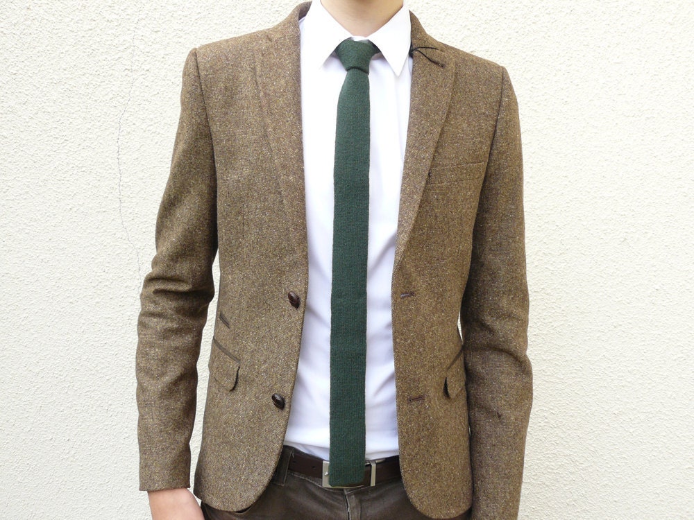 Mens Neckwear Forest Green Skinny Wool Necktie Flat Bottom Knit in Lambswool Gift for Men Dad Boss Under 50 MADE TO ORDER