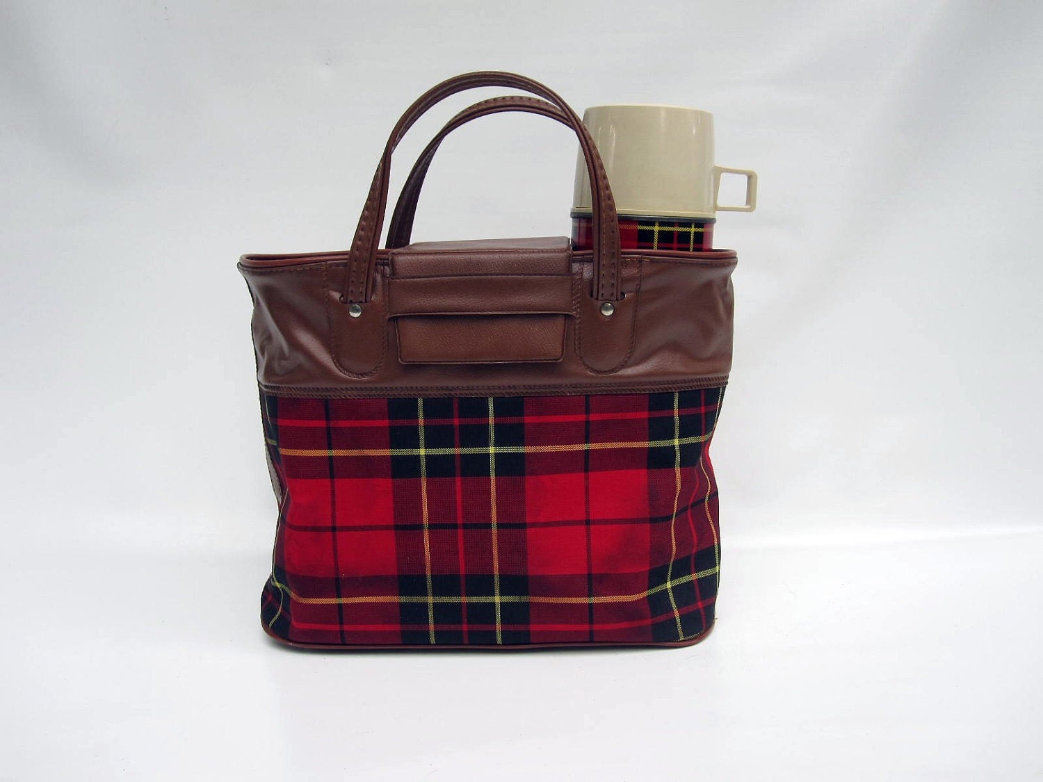 Mid Century Picnic Tote by Thermos - Red Black Tartan Plaid Retro Picnic Bag and Sandwich Box