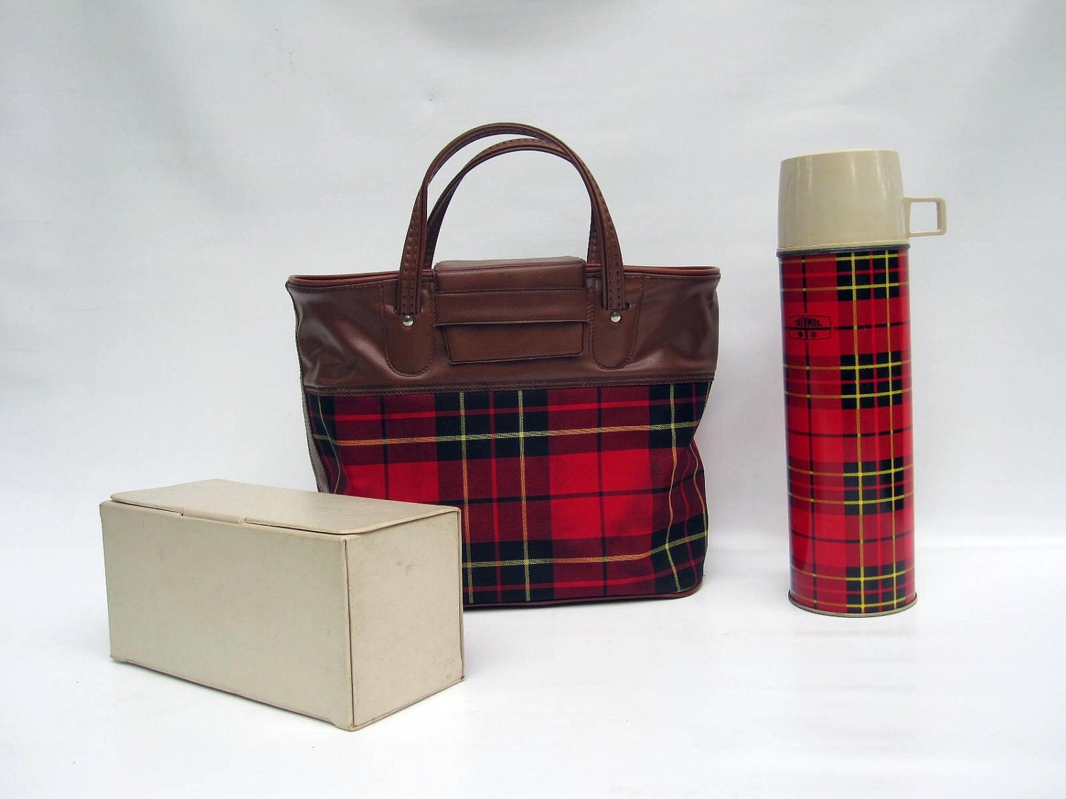 Mid Century Picnic Tote by Thermos - Red Black Tartan Plaid Retro Picnic Bag and Sandwich Box