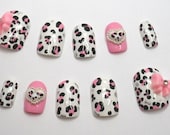 3D Acrylic Nails Pink Leopard Print Bow Heart Animal Kawaii