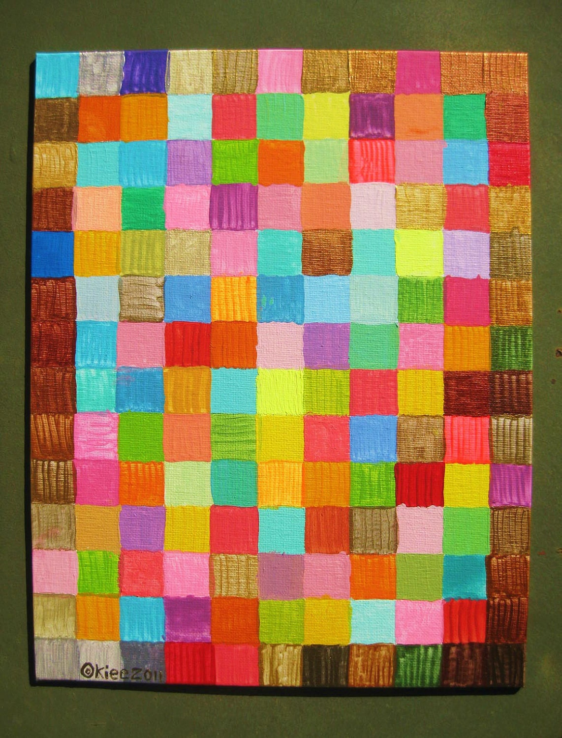 Pixel Quilt - Colorful Rainbow Mosaic Art Painting, Original Signed 11 x 14 SALE