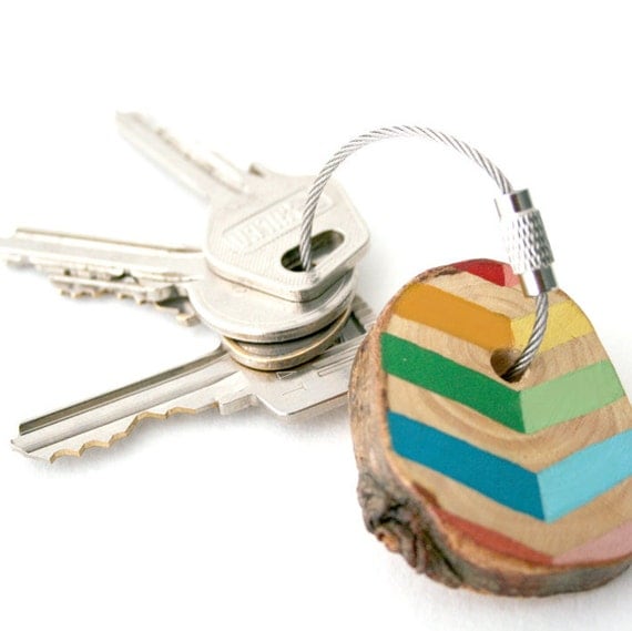 SUMMER SALE 20% OFF - Chevron rainbow colour keychain with warm brown pine wood and stainless steel cord