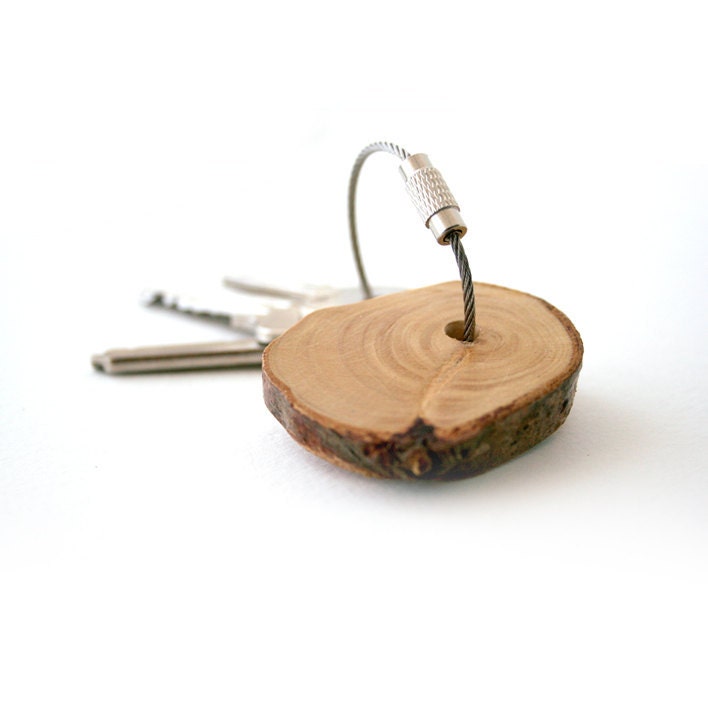 SUMMER SALE 20% OFF - Pine wood keychain, key fob with stainless steel cable wire