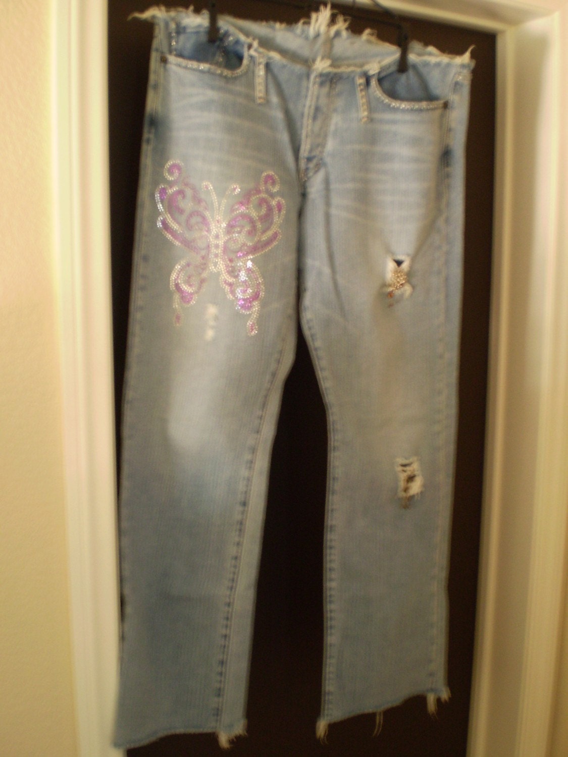 SALE upcycled referbished jeans crystal encrusted ultra low rise distressed with butterfly crystal pattern and bells