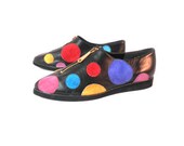 Vintage 1960's New Old Stock MONTINI Fun Black Leather Shoes w/ Multi Colored Suede Dots, Sz 8 M