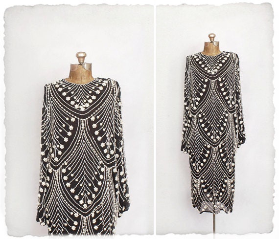 1920s black and white silk chiffon pearl-beaded gown