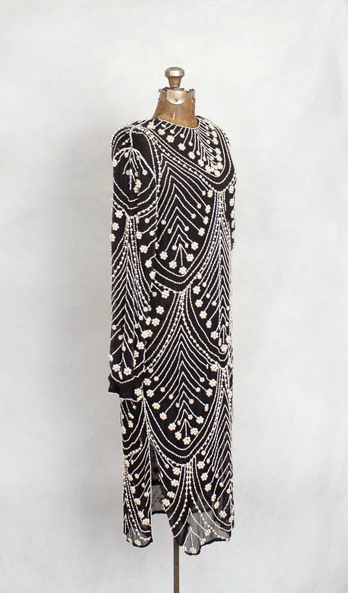 1920s black and white silk chiffon pearl-beaded gown