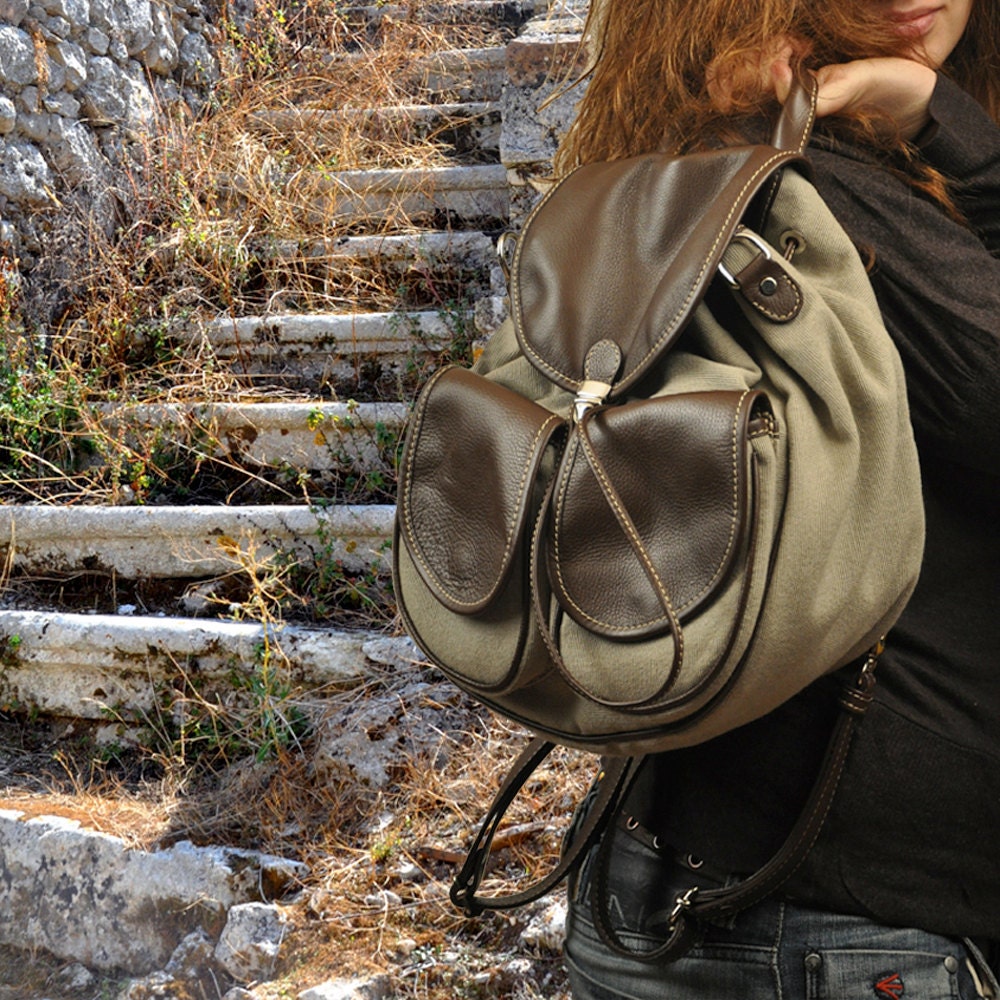 Handmade backpack in Italian cotton fabric ,Ossa, in light beige-haki color with dark brown leather details MADE TO ORDER