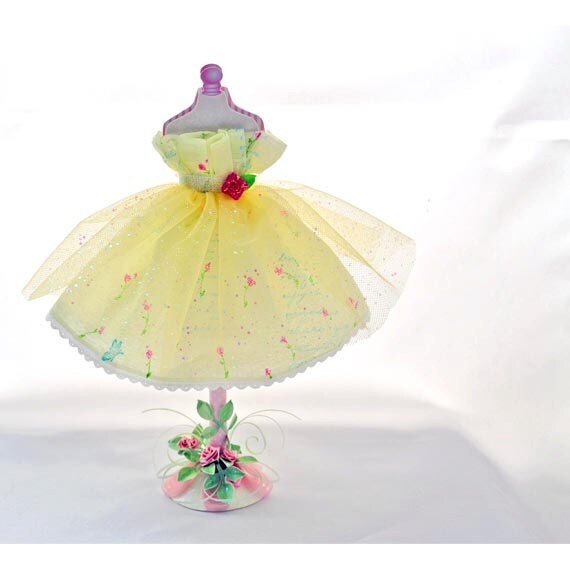 Decorative Dress Form Paper Art with Yellow Tulle and Crepe Paper Dress