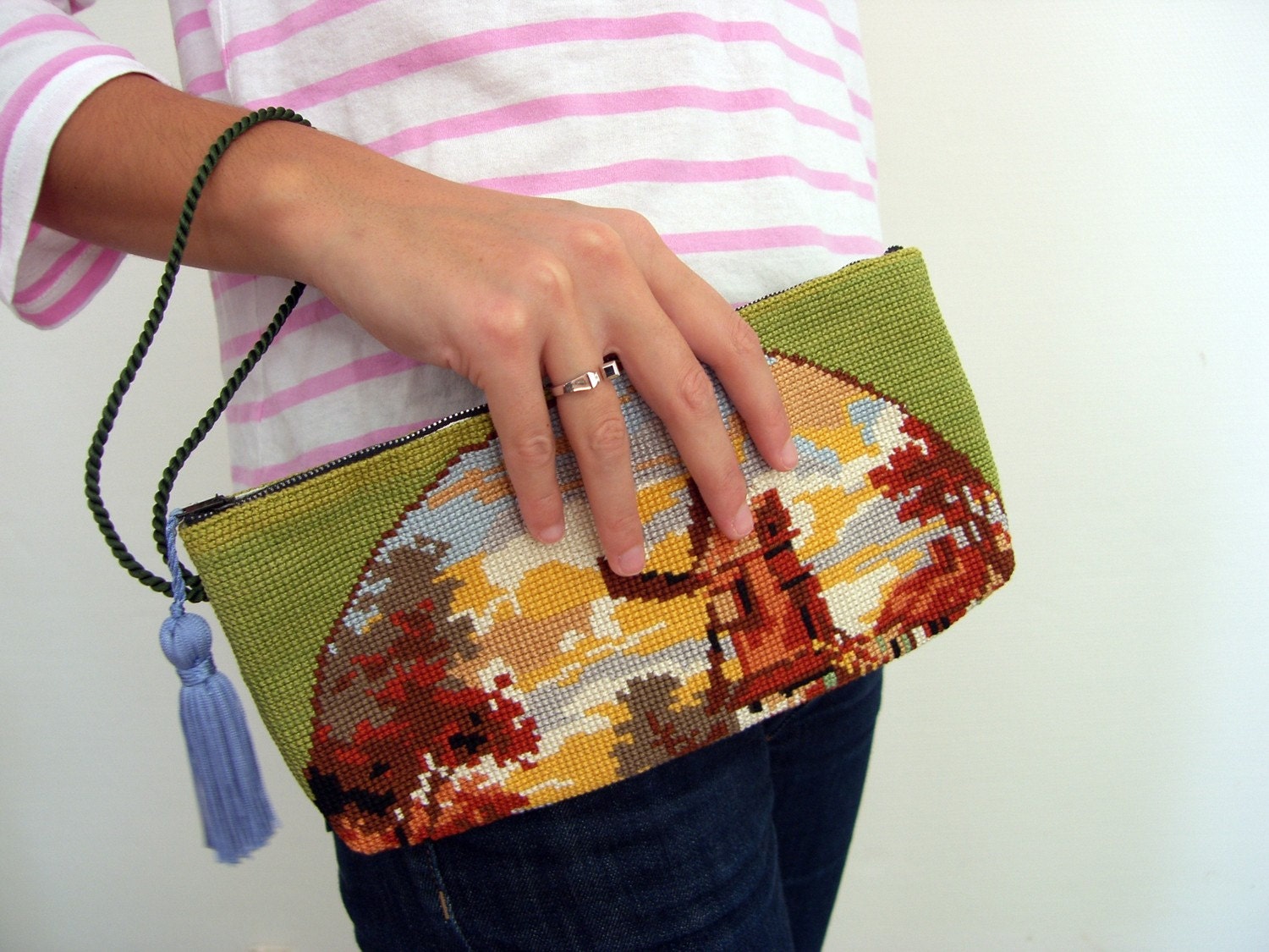 Needlepoint purse tapestry Zipper pouch " Mill" upcycling one of a kind,