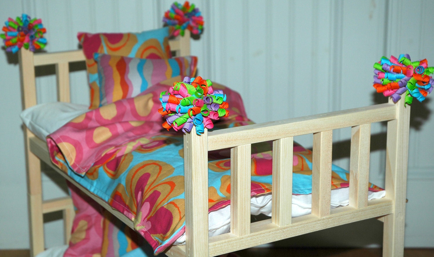 American Girl Doll Bed - Doll Bunk Bed Wacky Flowers and Dots - Fits American Girl Doll and 18 inch dolls
