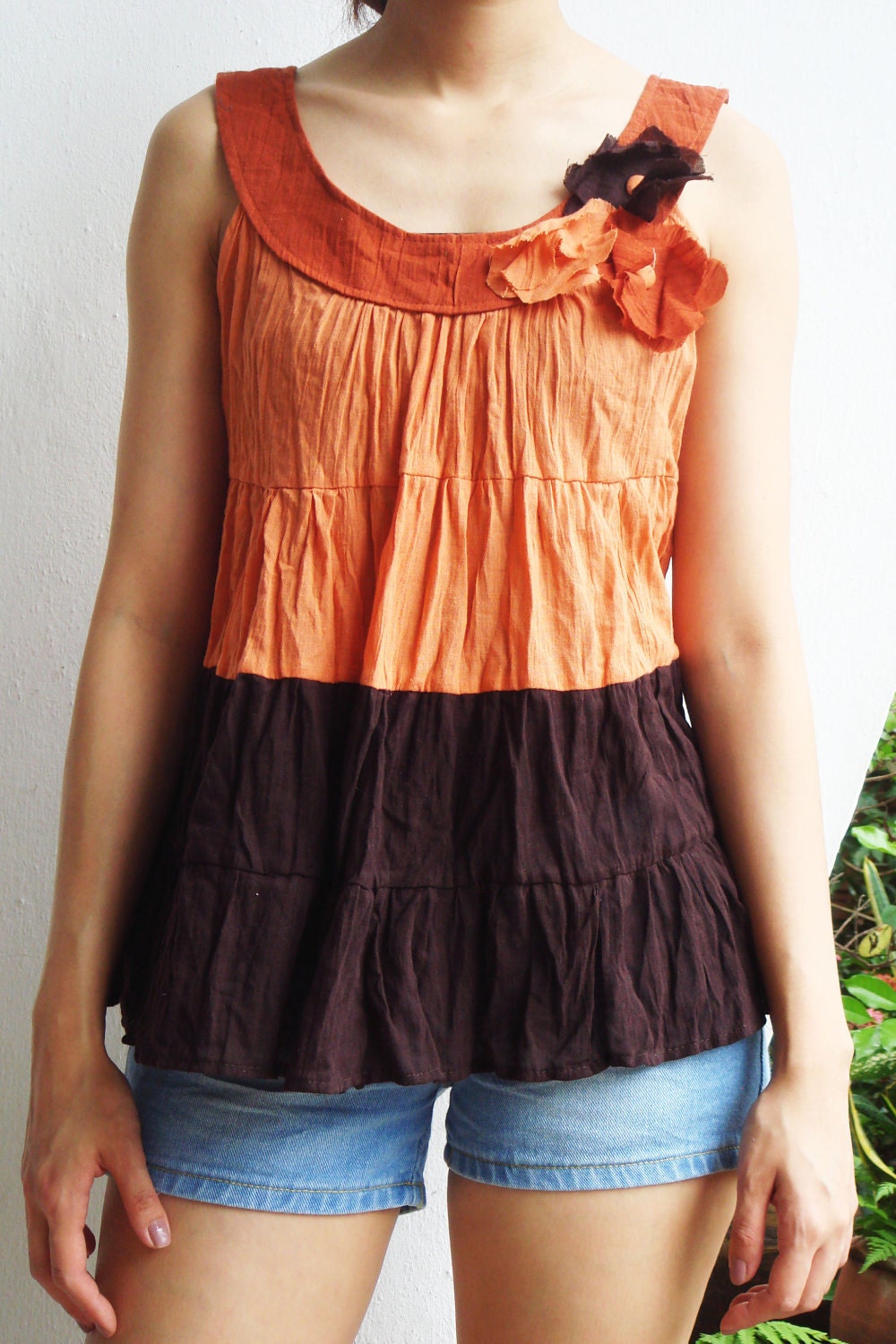 Fresh Orange Flower Floral Sleeveless Orange Cotton Blouse, orange blouse, brown blouse
