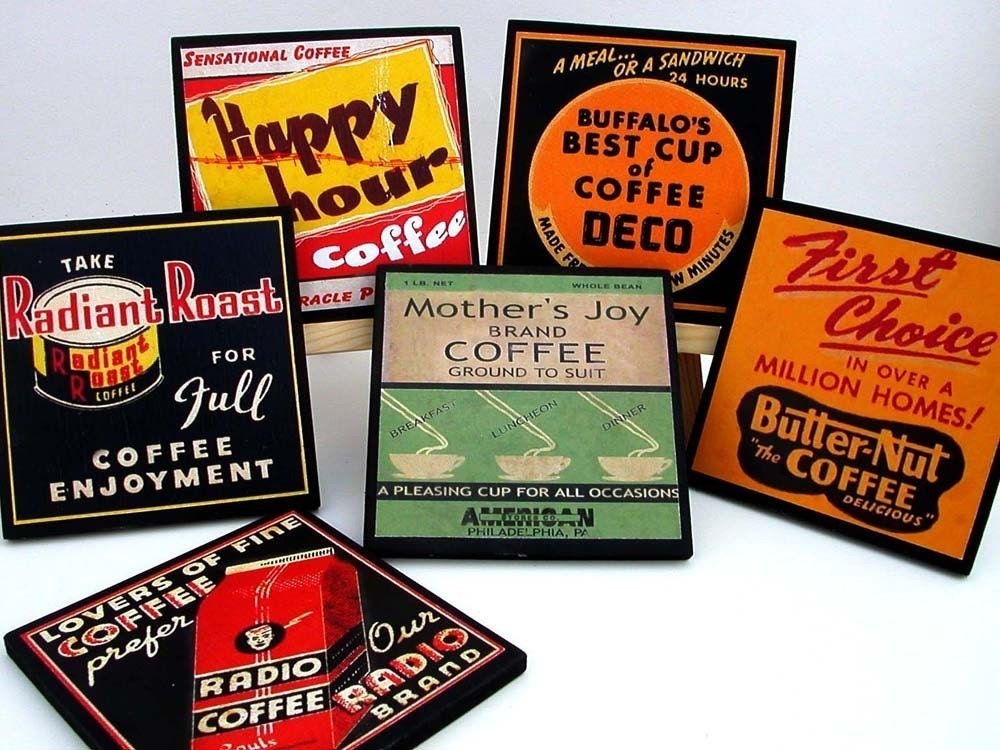 Coaster Set Vintage Coffee Labels