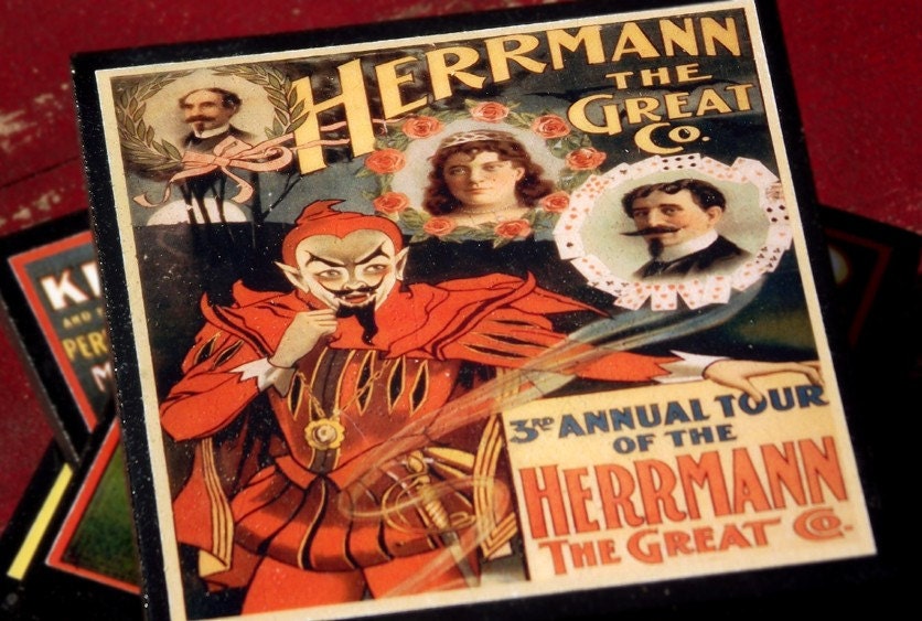 Coasters Vintage Magic Show Advertisement Wood Coaster Set of Four Halloween Decor