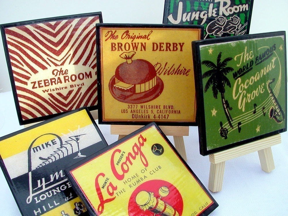 Coaster Set Vintage Hollywood Glamor Wood Coasters Barware Tabletop Entertaining