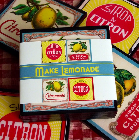Lemon Yellow Coaster Set Vintage French Lemonade Labels