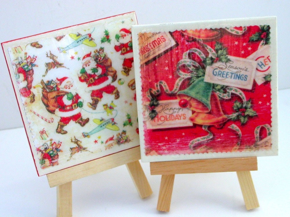 Retro Christmas Wrapping Paper Coasters Holiday Decor Vintage Chirstmas Red and White