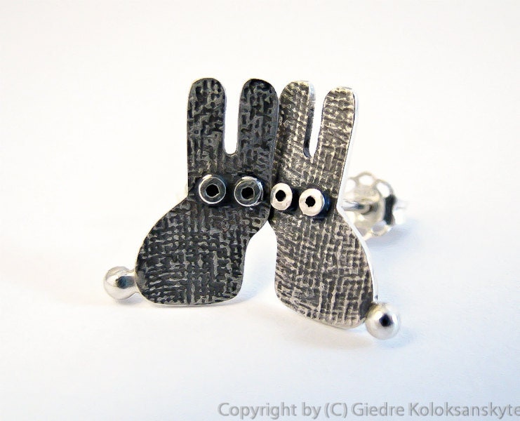 Bunny RABBIT Stud Earrings Sterling Silver Oxidized Textured Mini Zoo series