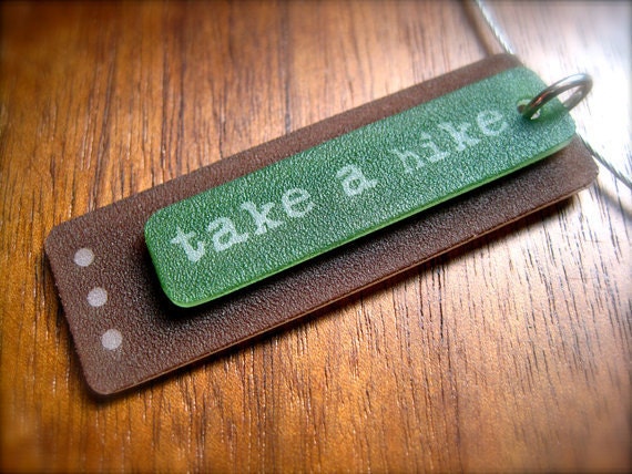 take a hike pendant  - green brown plastic - shrinky dink jewelry