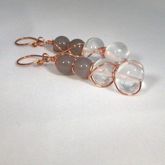 Gemstone Earrings Smoky Quartz Clear Quartz Copper Wire Wrapped Hand Made Ear Wires