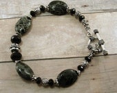 Kambaba Jasper, Bali Silver, and Jet Crystal Bracelet