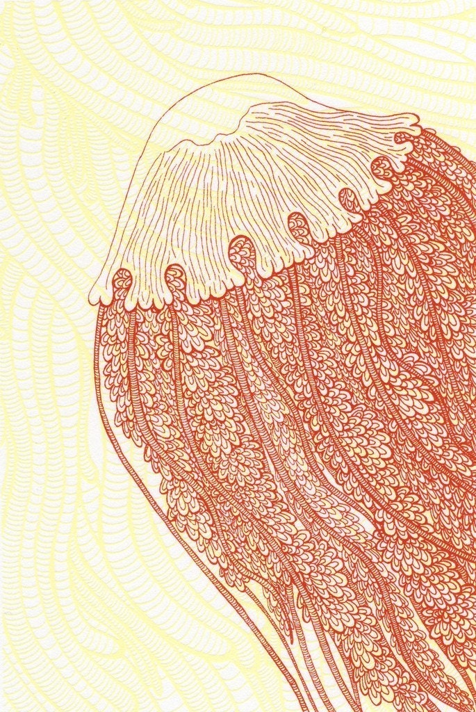 Red and Yellow Jellyfish Screenprint 8x10