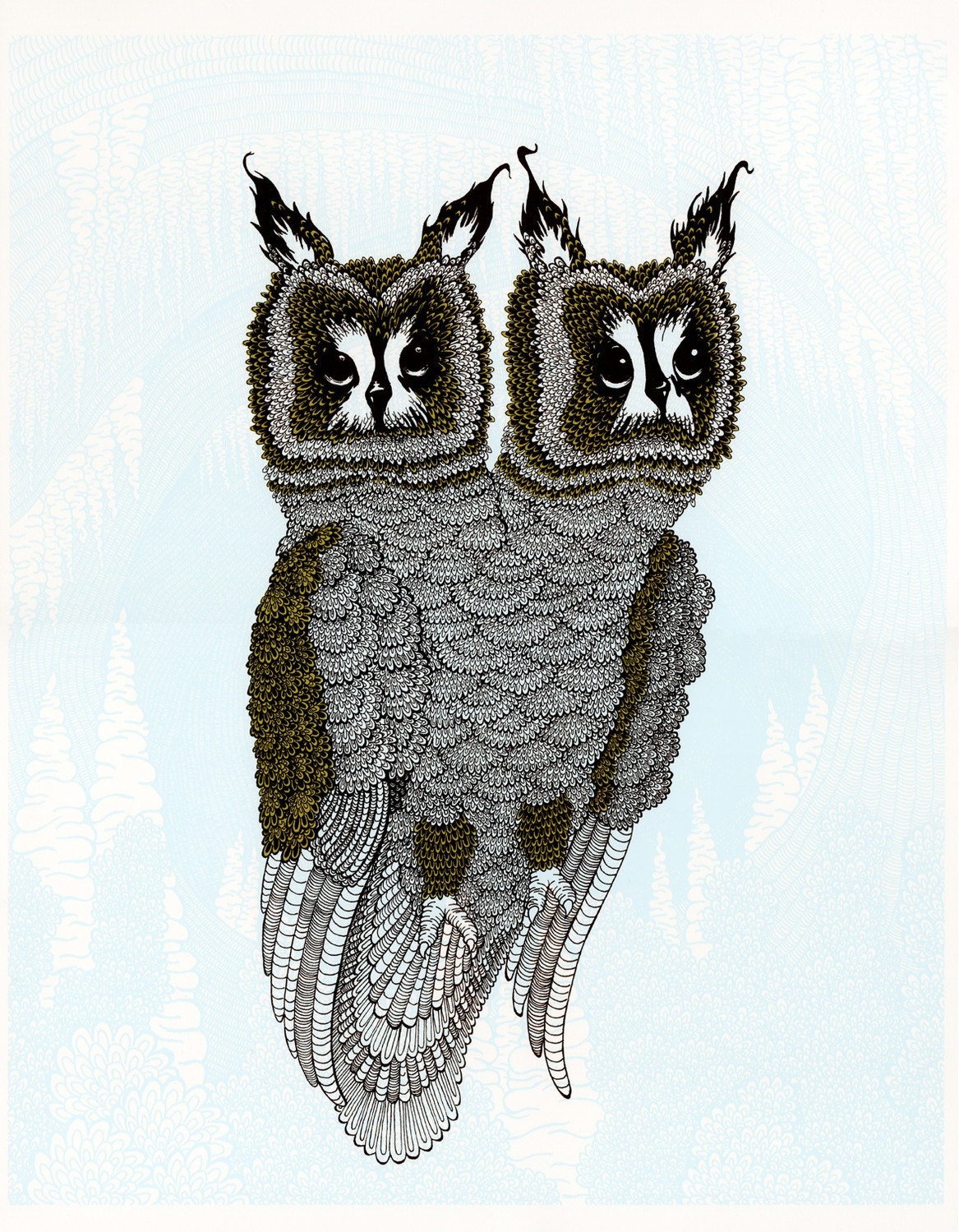 Owl Screenprint - Blue and Green 18x24