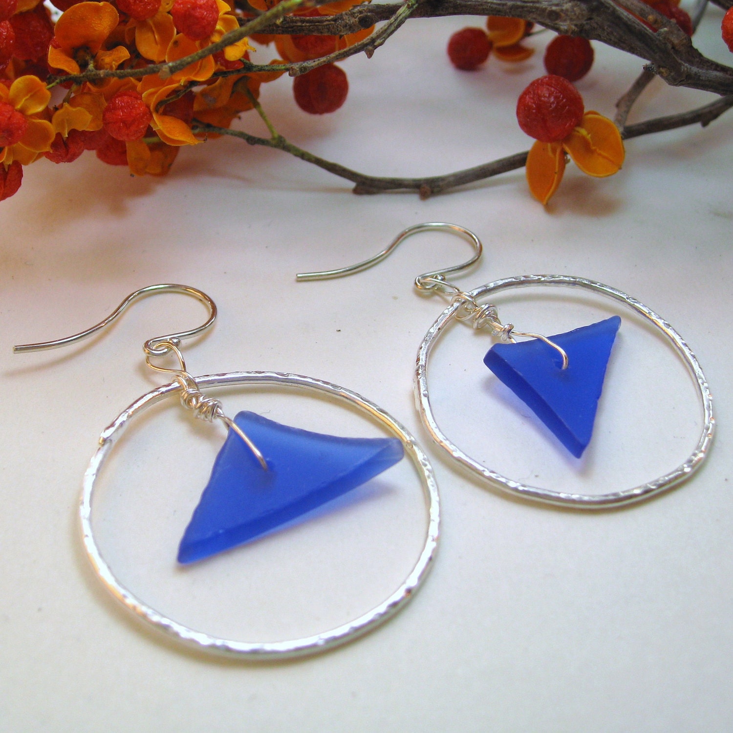 Wine Earrings- Upcycled  blue wine bottle - WINTER DOGWOOD