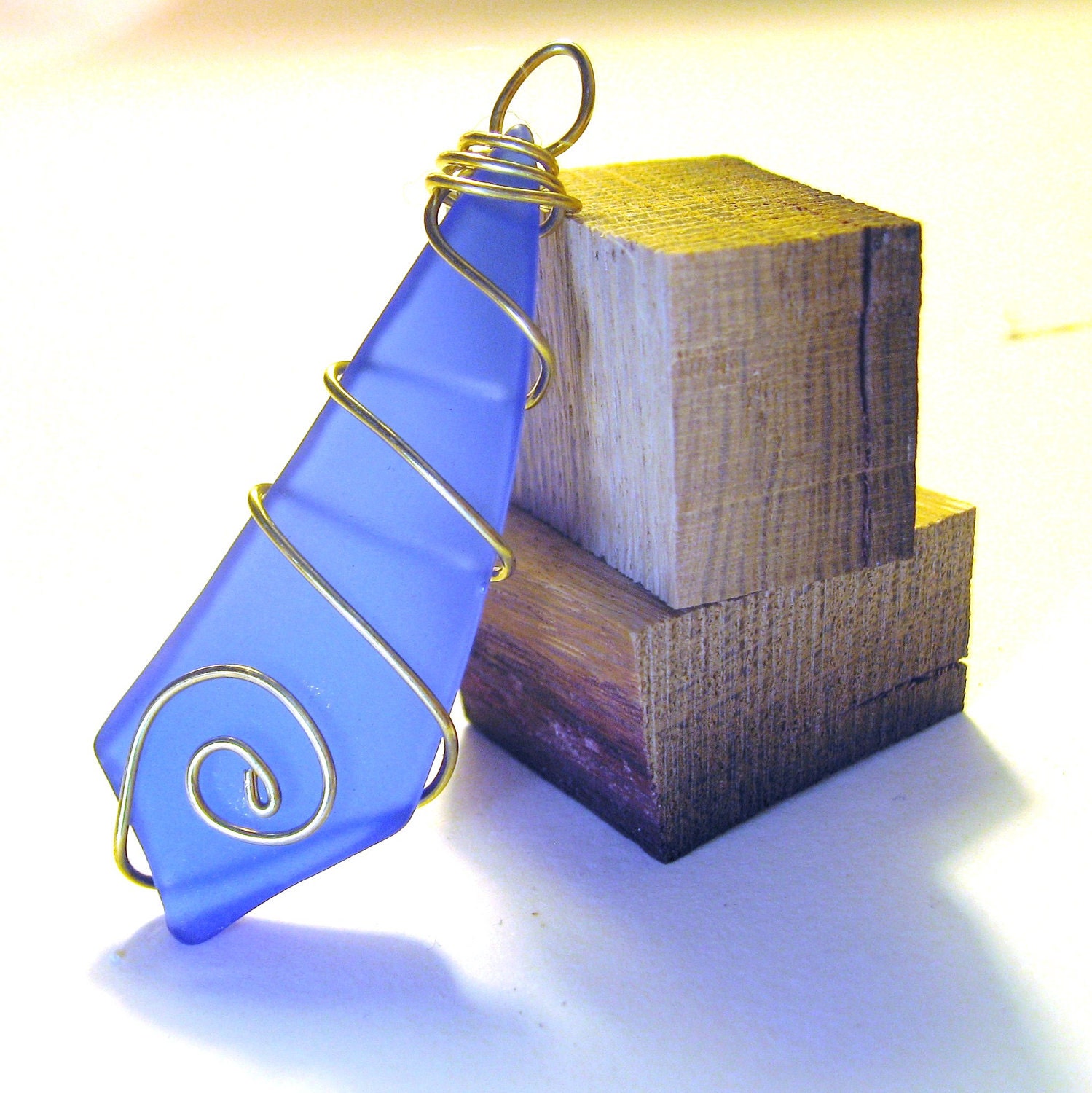 RECYCLED Wine bottle Blue Glass Pendant wrapped in BRASS wire OOAK
