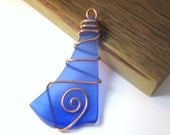UPCYCLED Wine bottle Blue Glass Pendant wrapped in COPPER wire OOAK