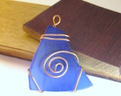 RECYCLED Wine bottle Blue Glass Pendant wrapped in COPPER wire OOAK