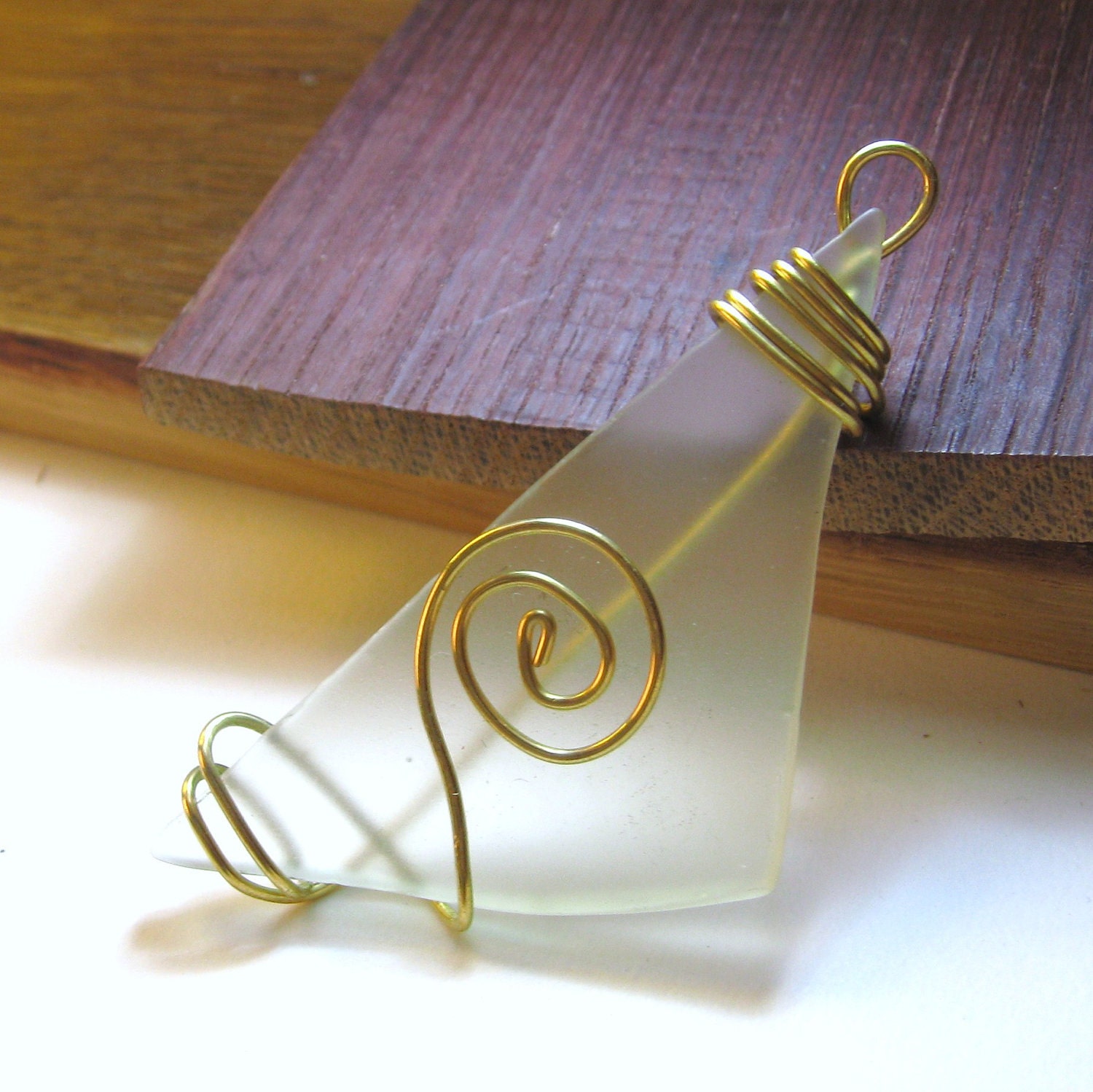 RECYCLED Wine bottle Frosted White Glass Pendant wrapped in BRASS wire OOAK