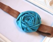 Aqua blue fabric flower headband stretch elastic rosette