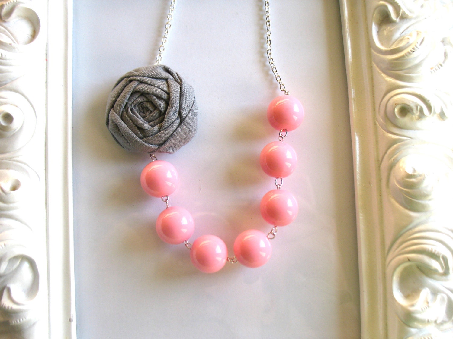 Pink Gray wedding statement necklace beaded fabric flower