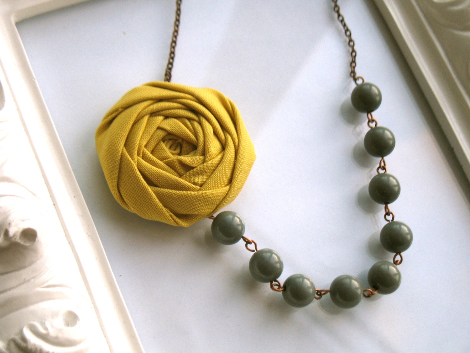 Yellow and gray fabric flower necklace beaded rosette