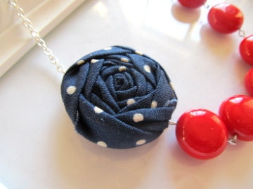 Navy red and white fabric flower necklace