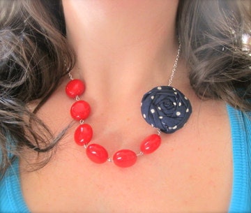 Navy red and white fabric flower necklace