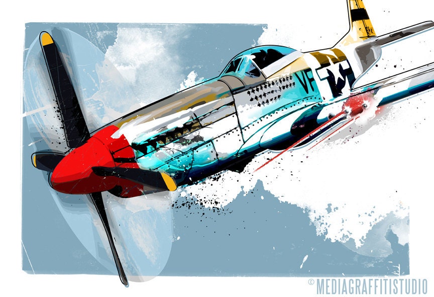 Airplane POP art print from an original illustration of a P-51 MUSTANG World War 2 warbird fighter plane 13x19.