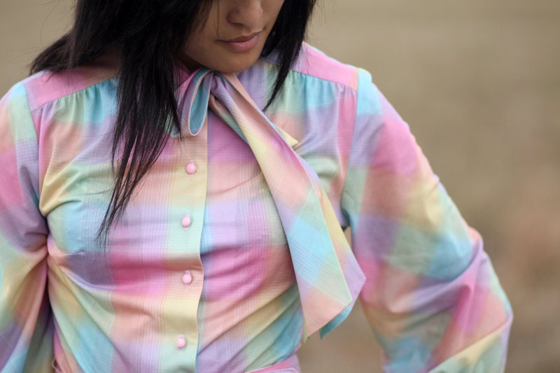 Vintage 1970 Small Medium - Easter Pastel Rainbow Checkered - Accordion Pleated A-line Day Dress - Anthropologie Boho Folk