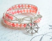 SALE-With Coupon Code---Leather wrap bracelet-  Pink coral shore beads and pearl white leather.  Wheel clasp