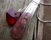 Love silver handstamped vintage tea spoon handle with ruby red swarovski heart crystal