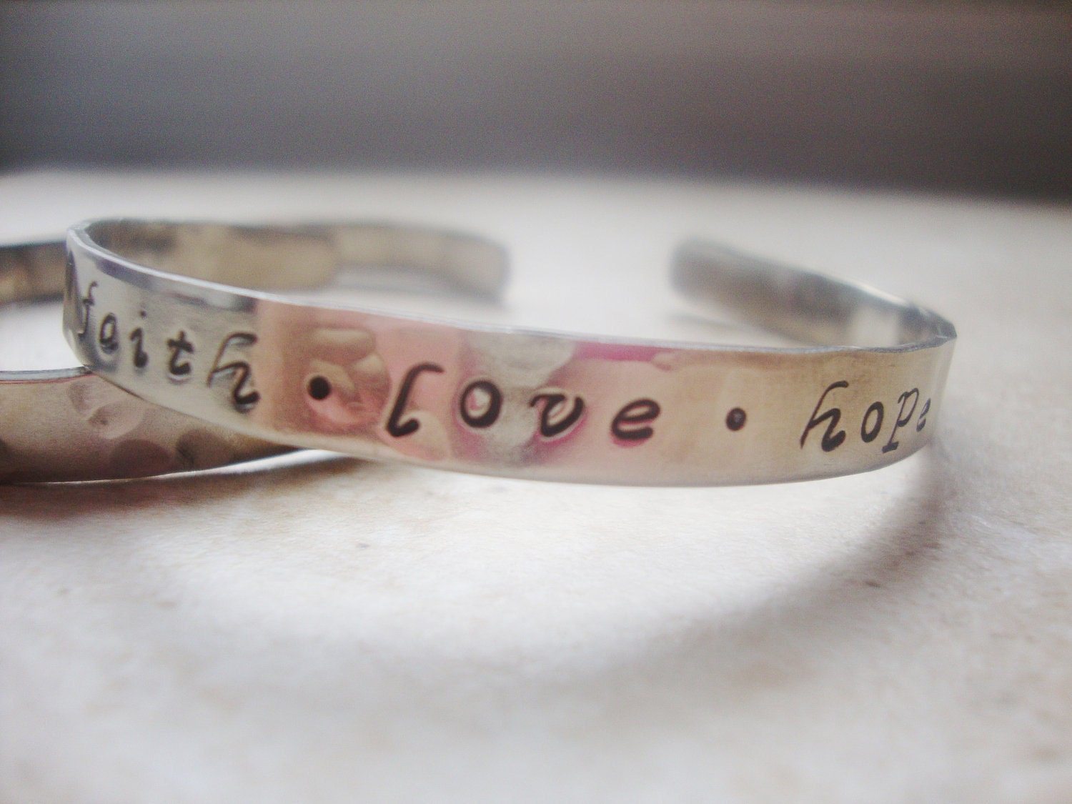Silver handstamped faith love hope cuff bracelet uplifting