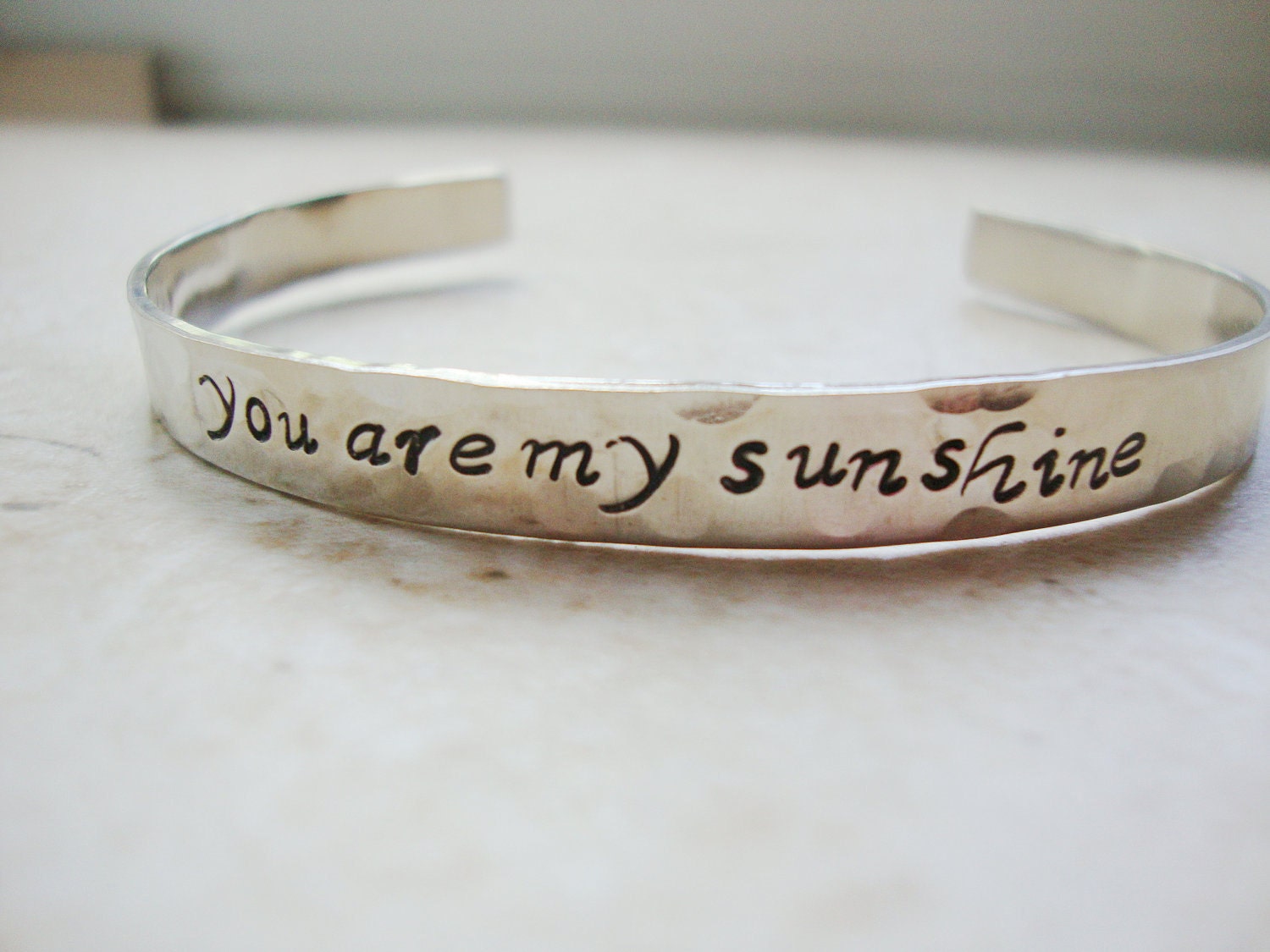 Silver you are my sunshine hammered hand stamped cuff