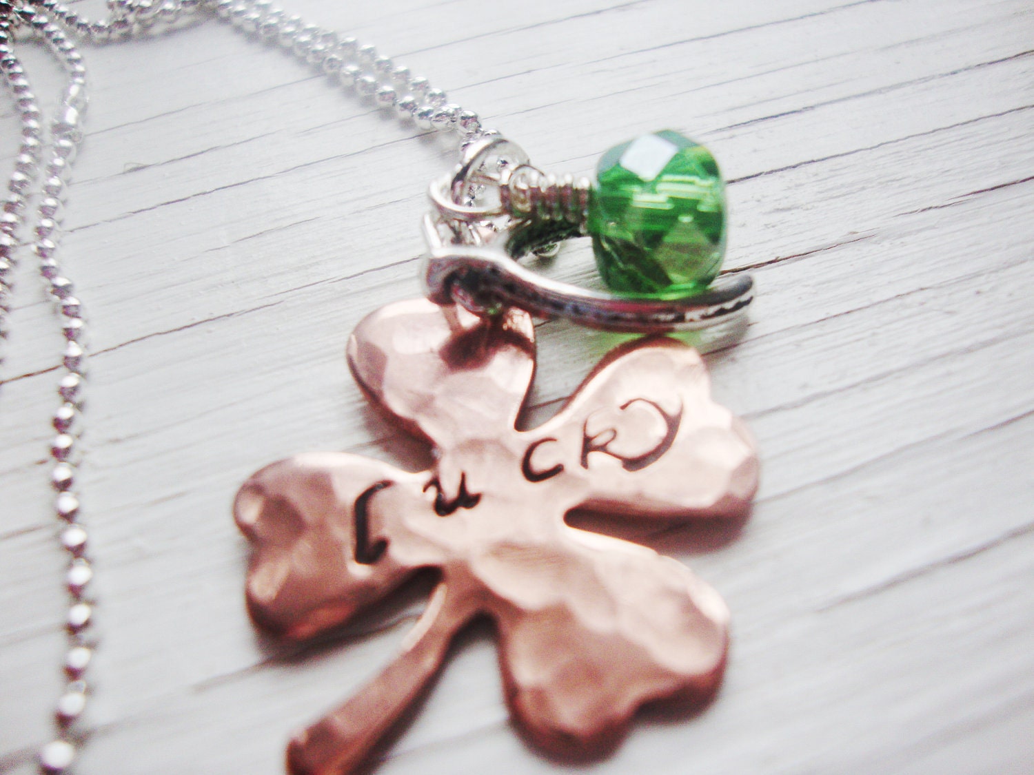 Feelin lucky handstamped copper shamrock necklace with wishbone and green czech bead