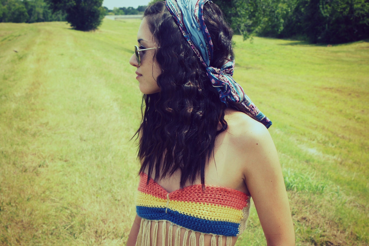 Striped Bandeau / Crochet Festival / Gypsy / Hippie / 70s Bikini Top with Fringe