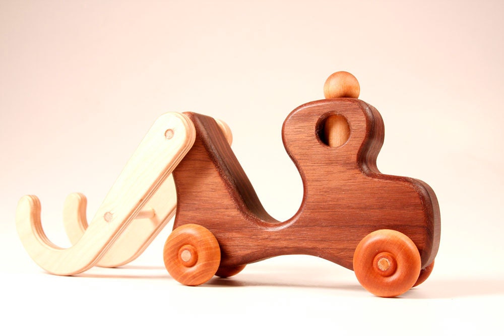 Wooden Toy Tow Truck Handmade In Walnut Hardwood