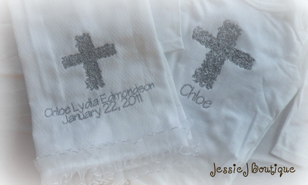 Christening Baptism Dedication Silver Swirl Cross Keepsake Onesie, Bib and Burpcloth
